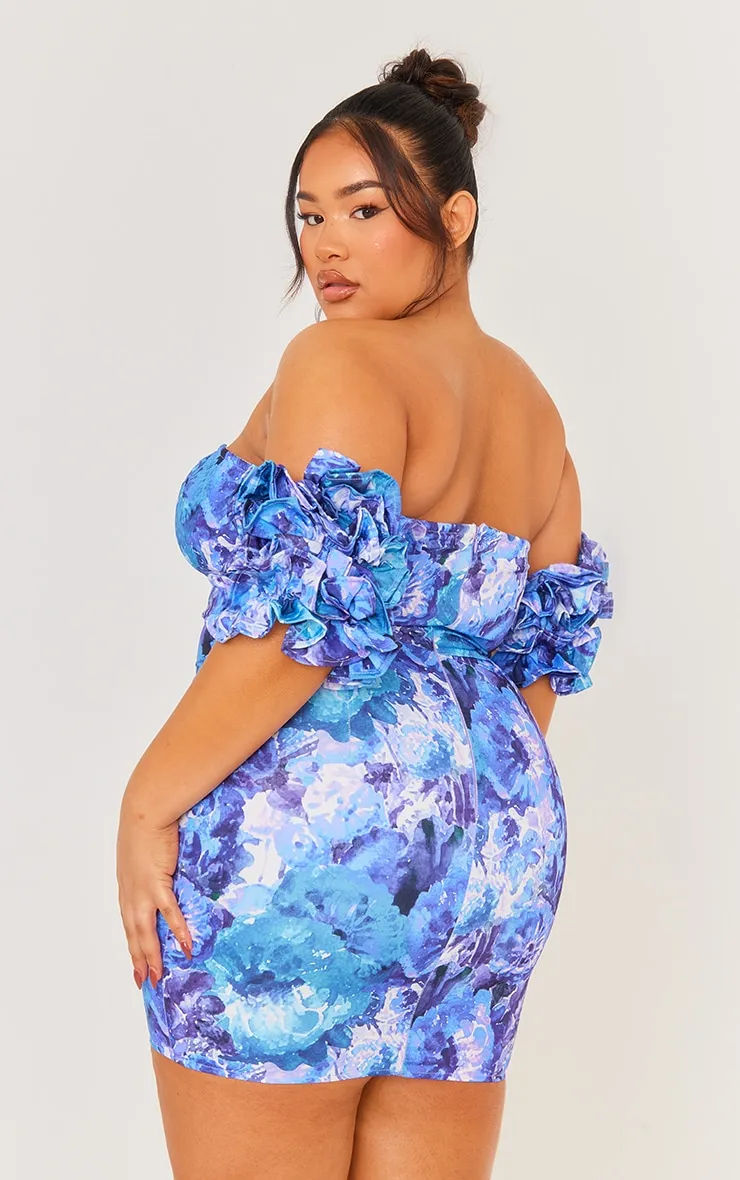 Plus Blue Floral V Neck Ruffle Sleeve Bodycon Dress sold by Pretty Little Thing product image thumbnail 2
