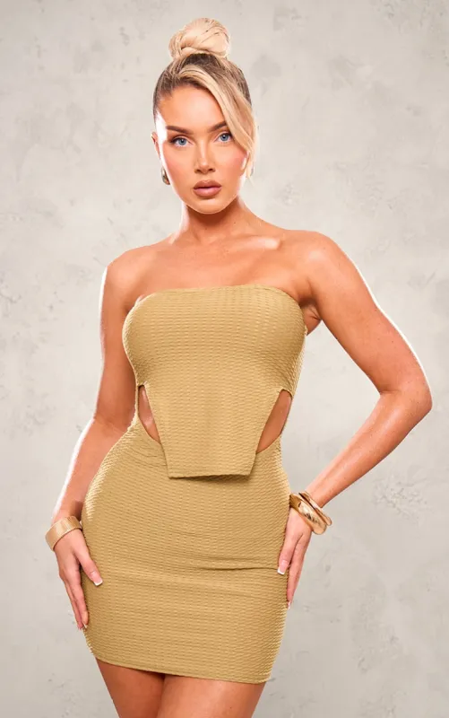 Olive Textured Bandeau Stirrup Hem Bodycon Dress sold by Pretty Little Thing