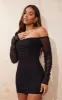 Black Ruched Mesh Bardot Bodycon Dress sold by Pretty Little Thing