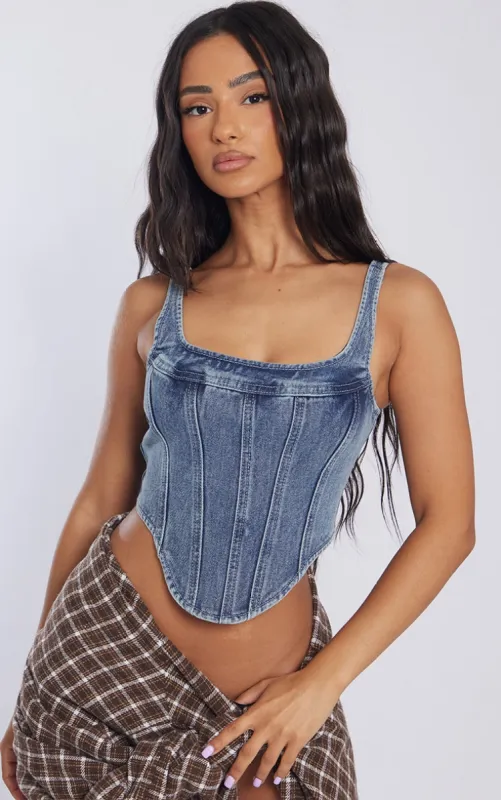 Petite Vintage Wash Denim Corset Top sold by Pretty Little Thing