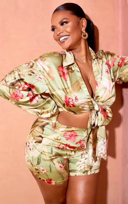 Plus Sage Green Satin Floral Tie Front Blouse sold by Pretty Little Thing