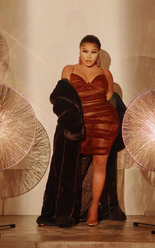 Brown Ruched Mesh Underwire Bodycon Dress sold by Pretty Little Thing