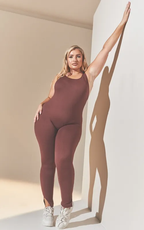 Plus Chocolate Brown Structured Contour Scoop Neck Jumpsuit sold by Pretty Little Thing