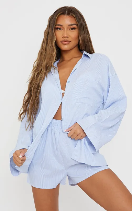 Light Blue Pinstripe Woven Balloon Sleeve Oversized Shirt sold by Pretty Little Thing