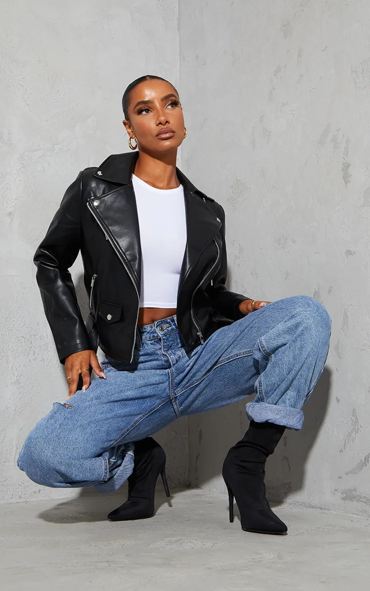 Black Faux Leather Regular Fit Belted Biker Jacket sold by Pretty Little Thing