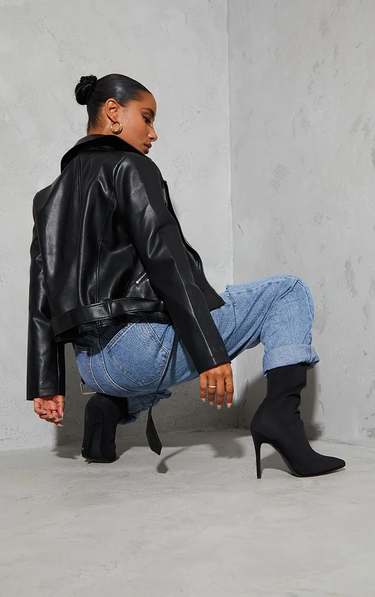 Black Faux Leather Regular Fit Belted Biker Jacket sold by Pretty Little Thing product image thumbnail 2