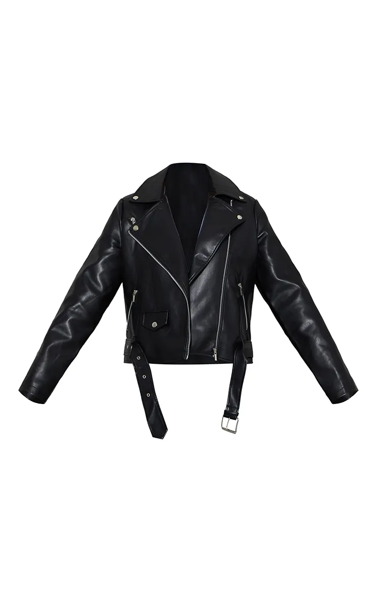 Black Faux Leather Regular Fit Belted Biker Jacket sold by Pretty Little Thing product image thumbnail 4