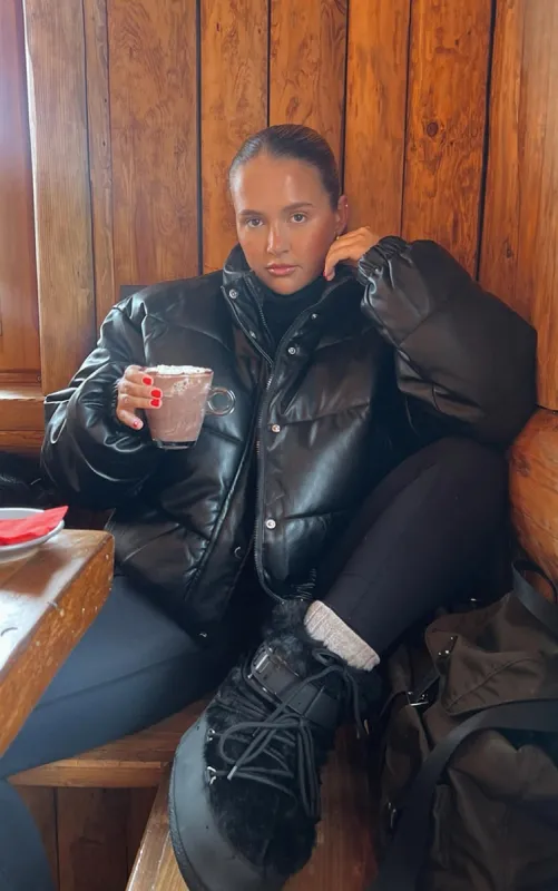 Black Faux Leather Elastic Hem Bubble Puffer sold by Pretty Little Thing