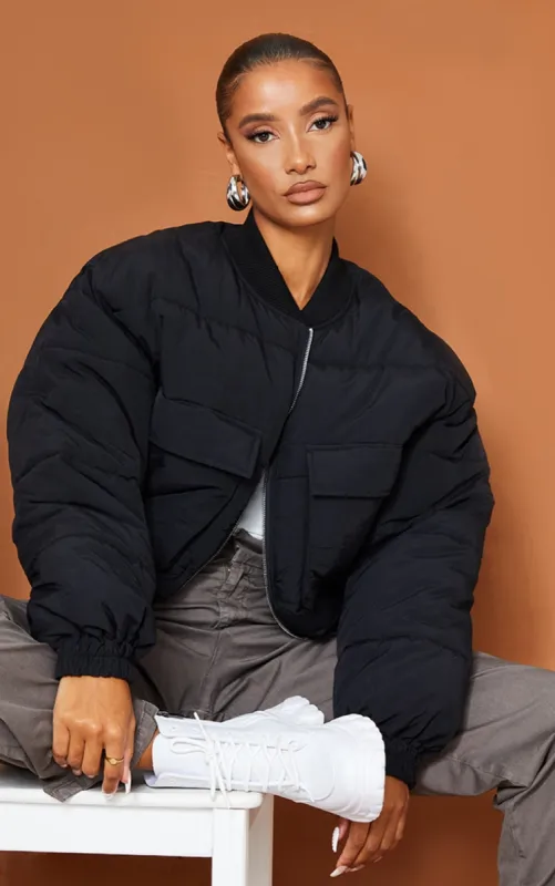 Black Nylon Pocket Front Panel Sleeve Oversized Bomber Jacket sold by Pretty Little Thing
