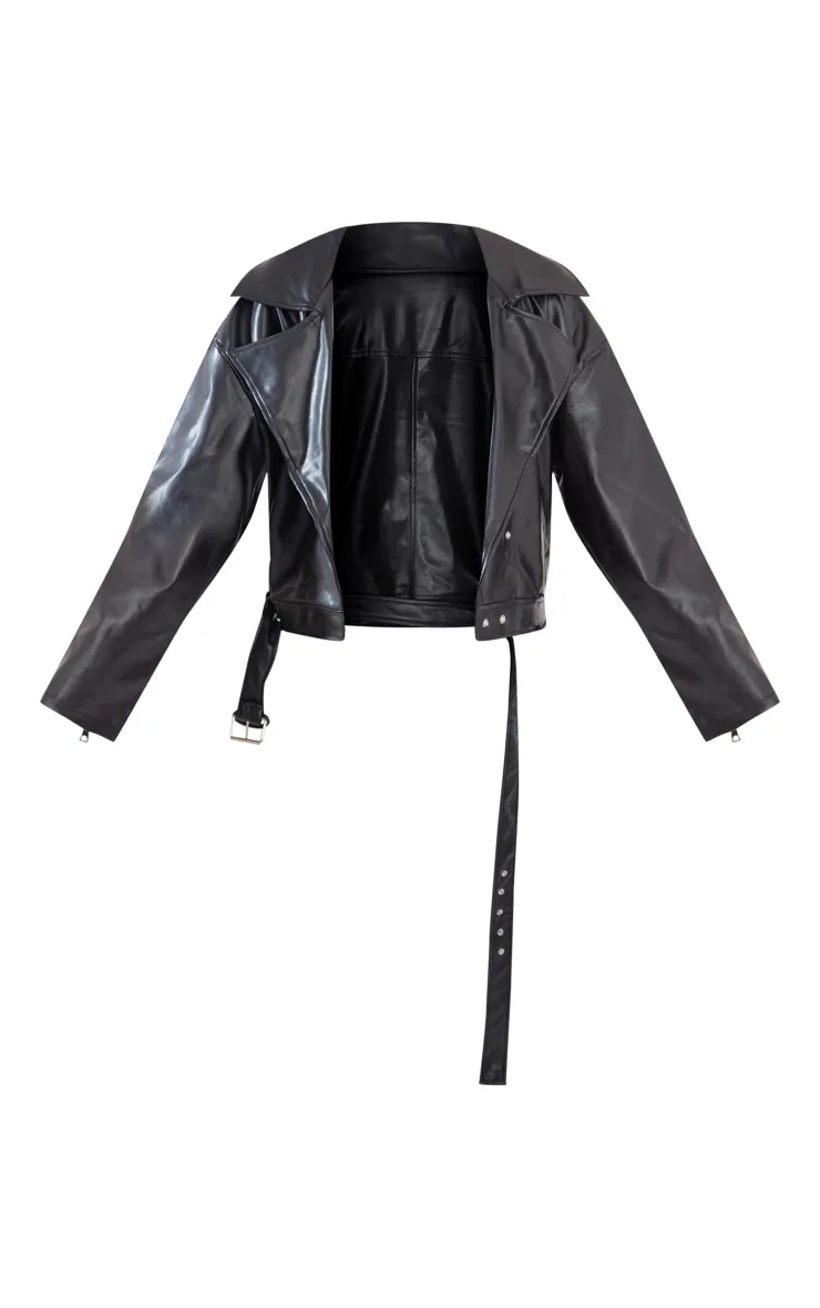 Black Faux Leather Relaxed Fit Belted Biker Jacket sold by Pretty Little Thing product image thumbnail 5