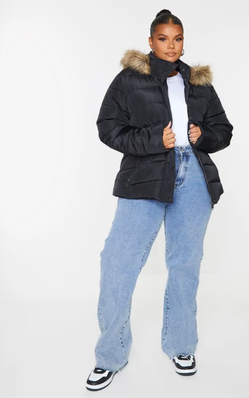 Plus Black Quilted Mara Faux Fur Hooded Puffer Jacket sold by Pretty Little Thing