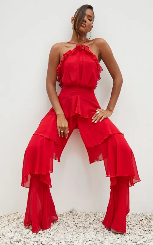 Red Tiered Chiffon Halterneck Jumpsuit sold by Pretty Little Thing
