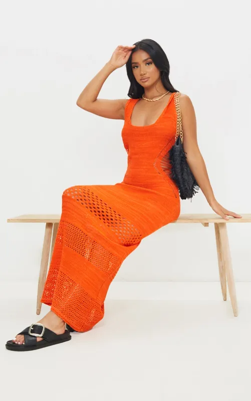 Petite Orange Crochet Plunged Maxi Dress sold by Pretty Little Thing