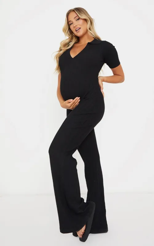 Maternity Black Knitted Rib Polo Short Sleeve Wide Leg Jumpsuit sold by Pretty Little Thing