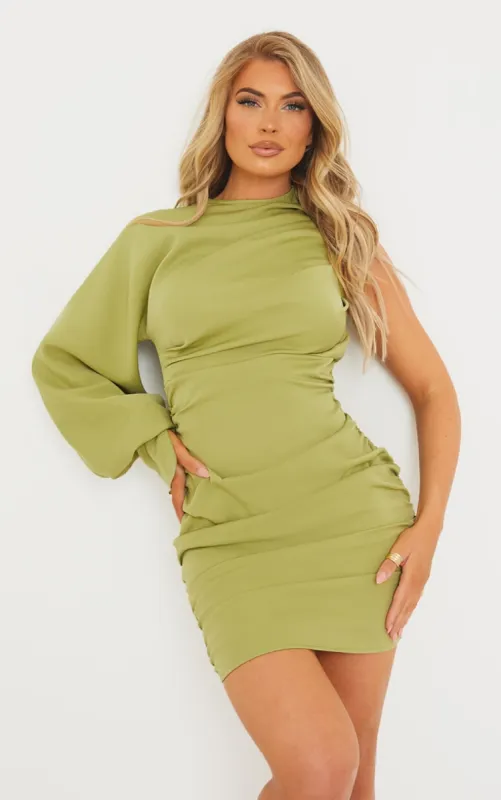 Sage Green One Sleeve Ruched Woven Bodycon Dress sold by Pretty Little Thing