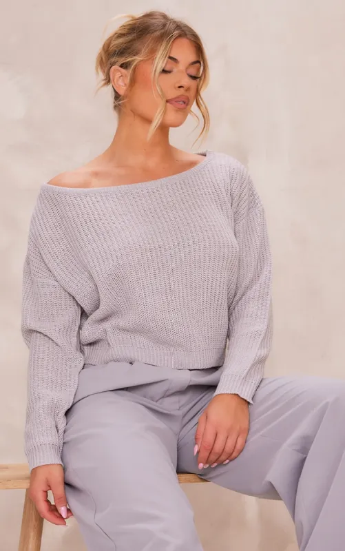 Grey Off The Shoulder Knitted Jumper sold by Pretty Little Thing
