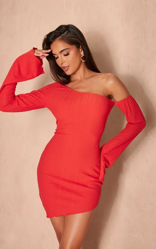 Tomato Red Textured Asymmetric One Sleeve Mini Dress made by Pretty Little Thing