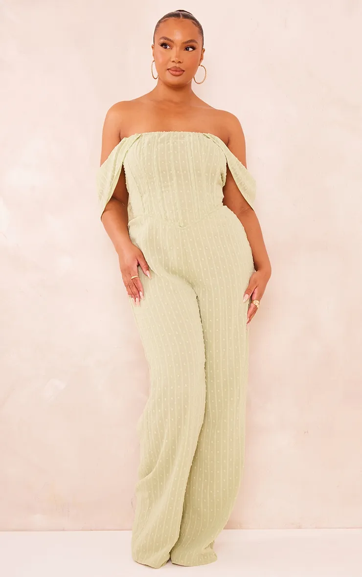 Plus Sage Green Dobby Mesh Corset Jumpsuit sold by Pretty Little Thing