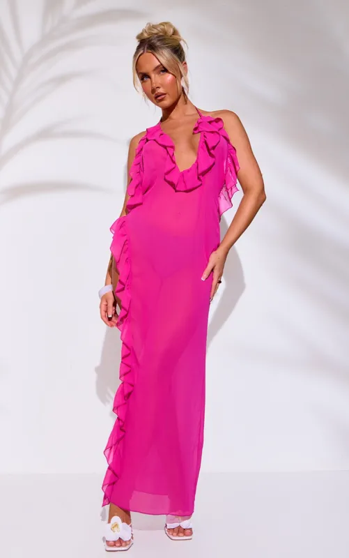 Pink Frill Chiffon Maxi Beach Dress sold by Pretty Little Thing
