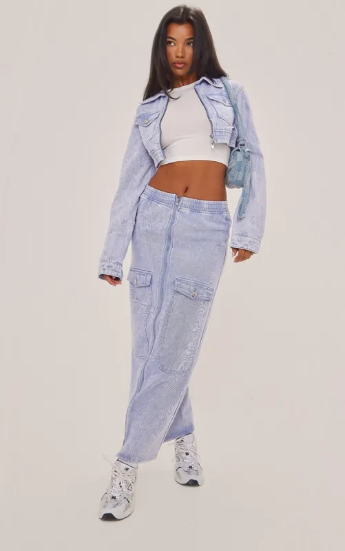 Washed Blue Cargo Pocket Zip Front Midi Denim Skirt sold by Pretty Little Thing