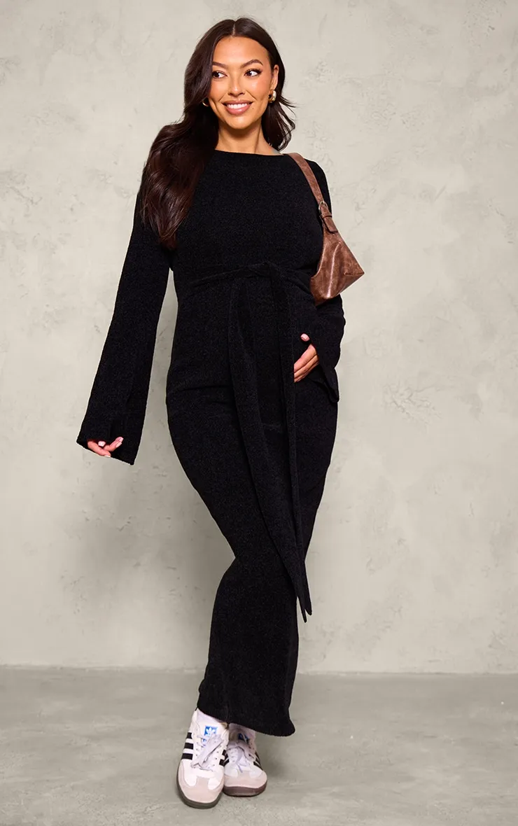 Maternity Black Soft Textured Knit Open Back Tie Waist Maxi Dress sold by Pretty Little Thing product image thumbnail 2