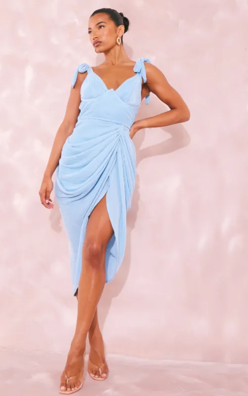 Light Blue Plisse Underwired Drape Midaxi Dress sold by Pretty Little Thing