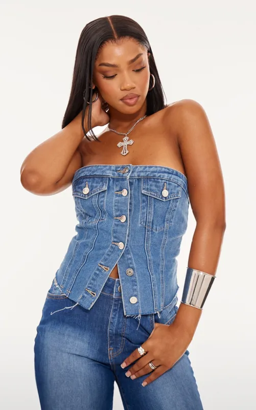 Light Blue Contrast Corset Bandeau Denim Top sold by Pretty Little Thing
