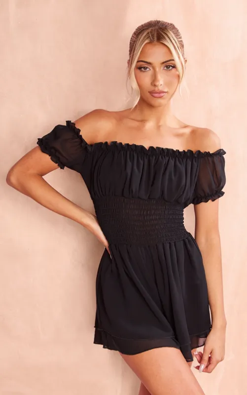 Black Mesh Bardot Floaty Playsuit sold by Pretty Little Thing