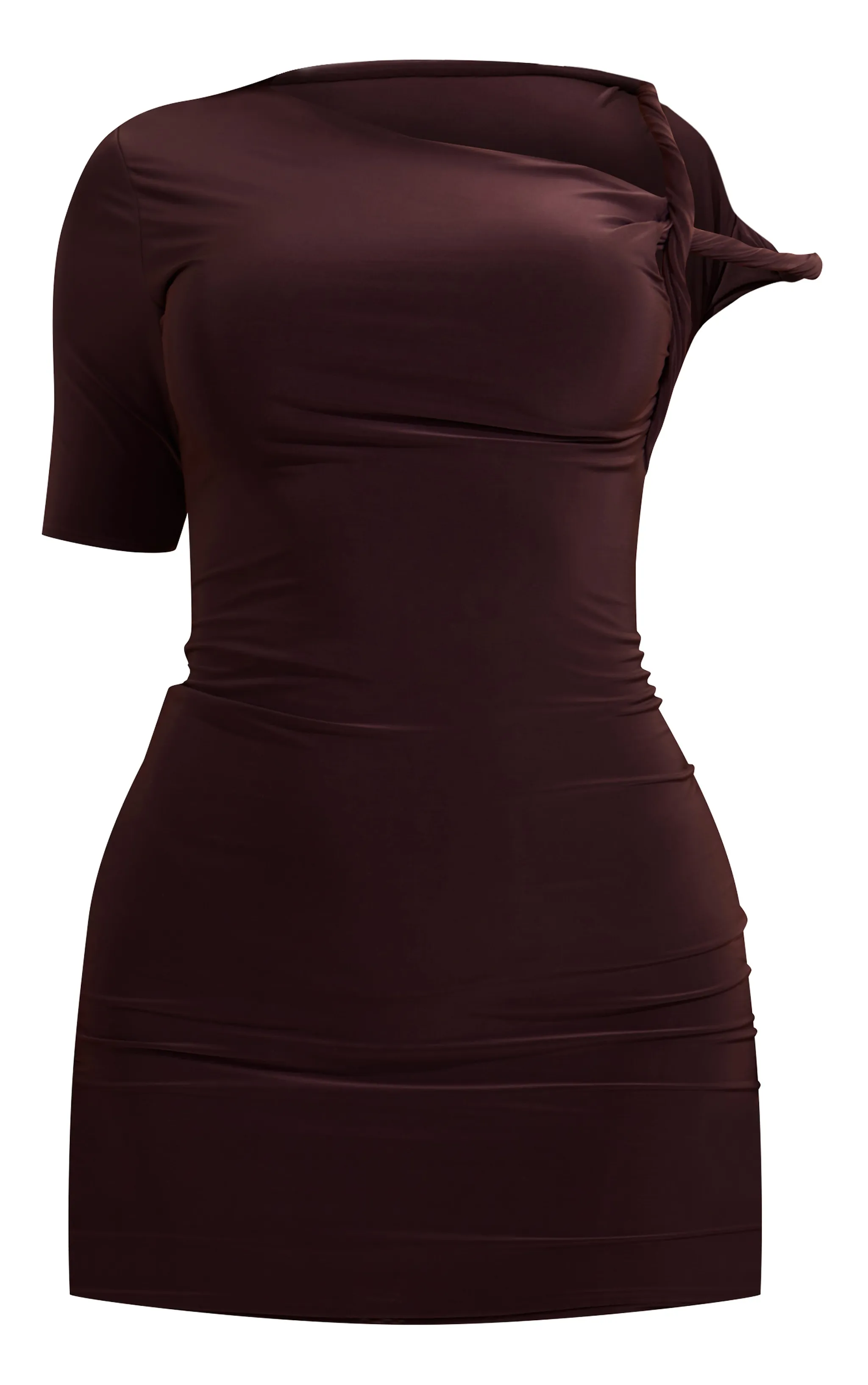 Chocolate Slinky Twist Shoulder Bodycon Dress sold by Pretty Little Thing product image thumbnail 5