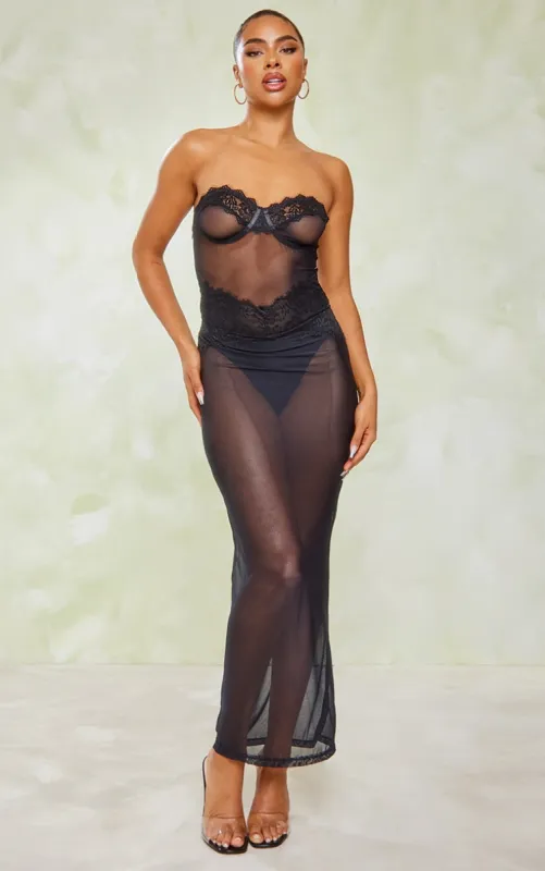 Black Lace Bandeau Underwired Sheer Midaxi Dress sold by Pretty Little Thing