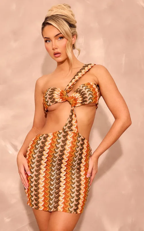 Multi Print Crochet Cut Out One Shoulder Mini Dress sold by Pretty Little Thing