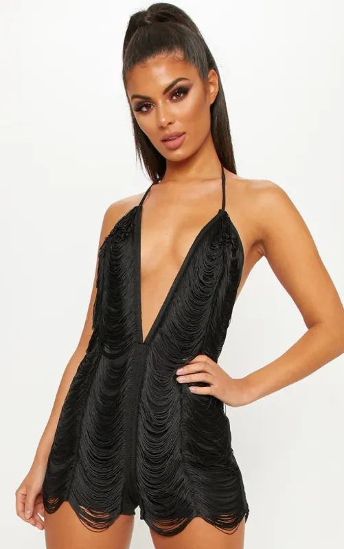 Black Multi Tassel Backless Playsuit sold by Pretty Little Thing
