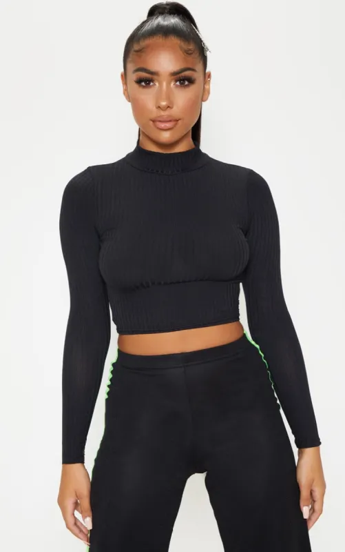Petite Black High Neck Ribbed Long Sleeve Crop Top sold by Pretty Little Thing