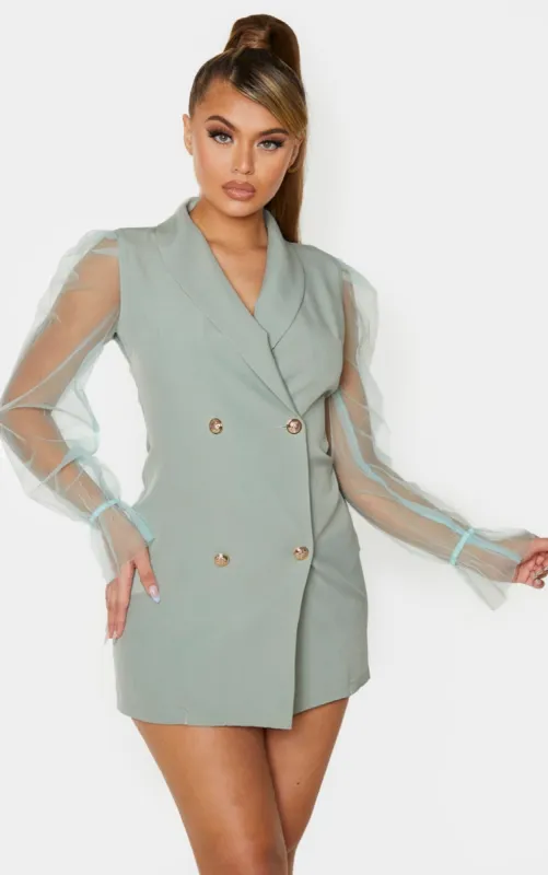 Sage Green Button Up Organza Sleeve Blazer Dress sold by Pretty Little Thing