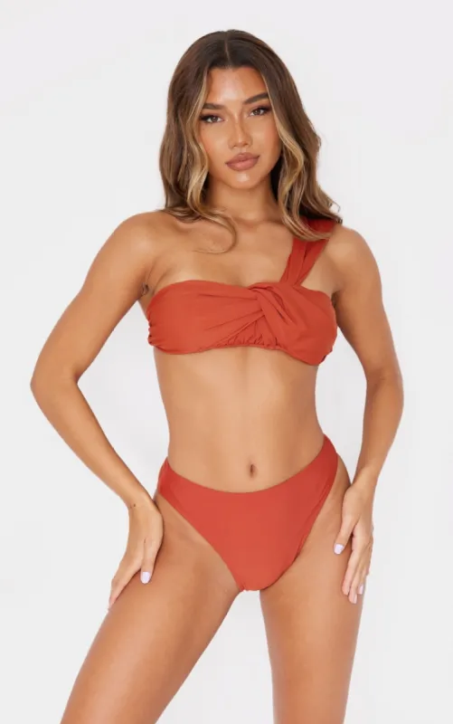Brown Padded Tie One Shoulder Bikini Top sold by Pretty Little Thing
