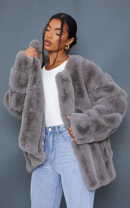 Grey Faux Fur Vertical Bubble Coat sold by Pretty Little Thing