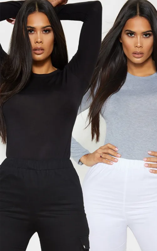 Basic Black & Grey Cotton Blend Long Sleeve Fitted T Shirt 2 Pack sold by Pretty Little Thing
