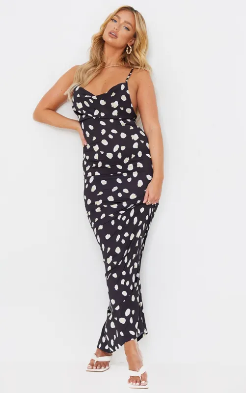 Black Leopard Print Satin Cowl Neck Maxi Dress sold by Pretty Little Thing