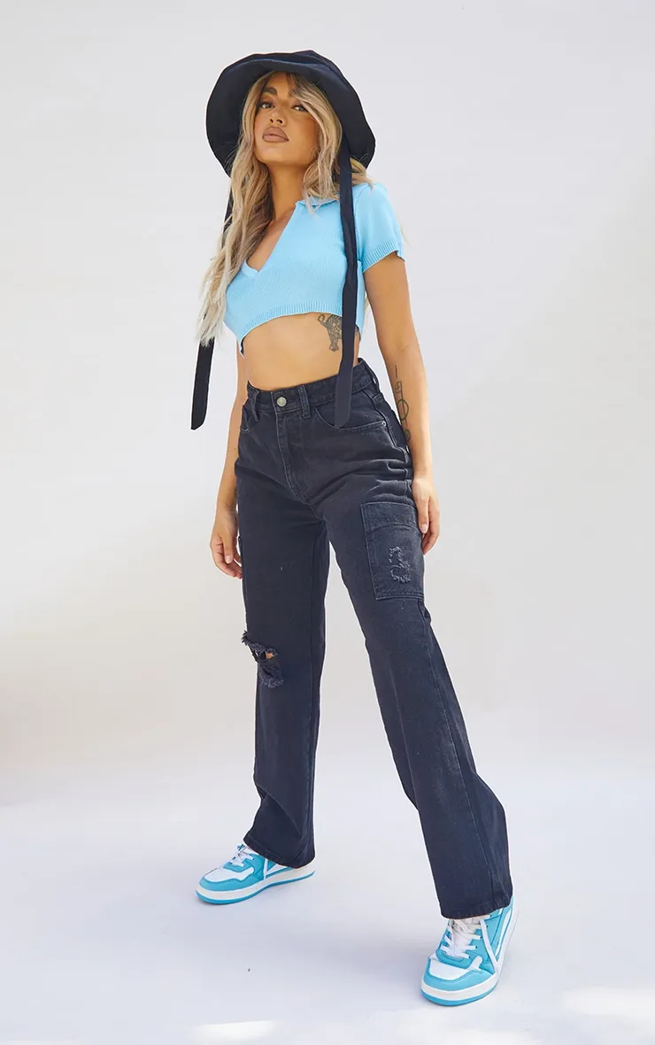 Petite Washed Black Wide Leg Ripped Cargo Jeans sold by Pretty Little Thing