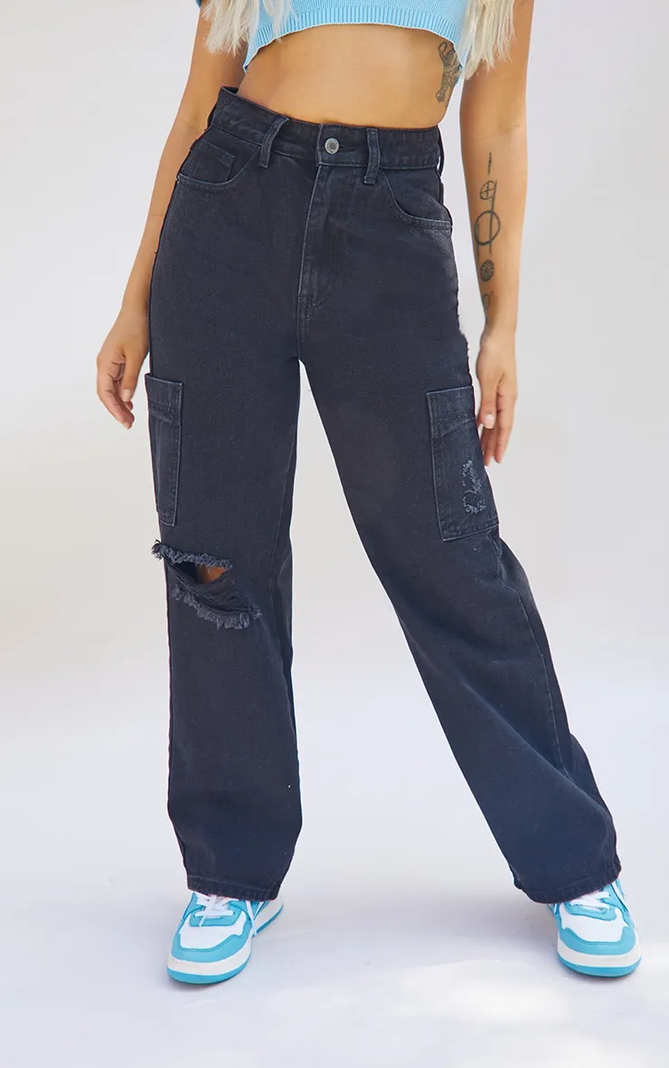Petite Washed Black Wide Leg Ripped Cargo Jeans sold by Pretty Little Thing product image thumbnail 2