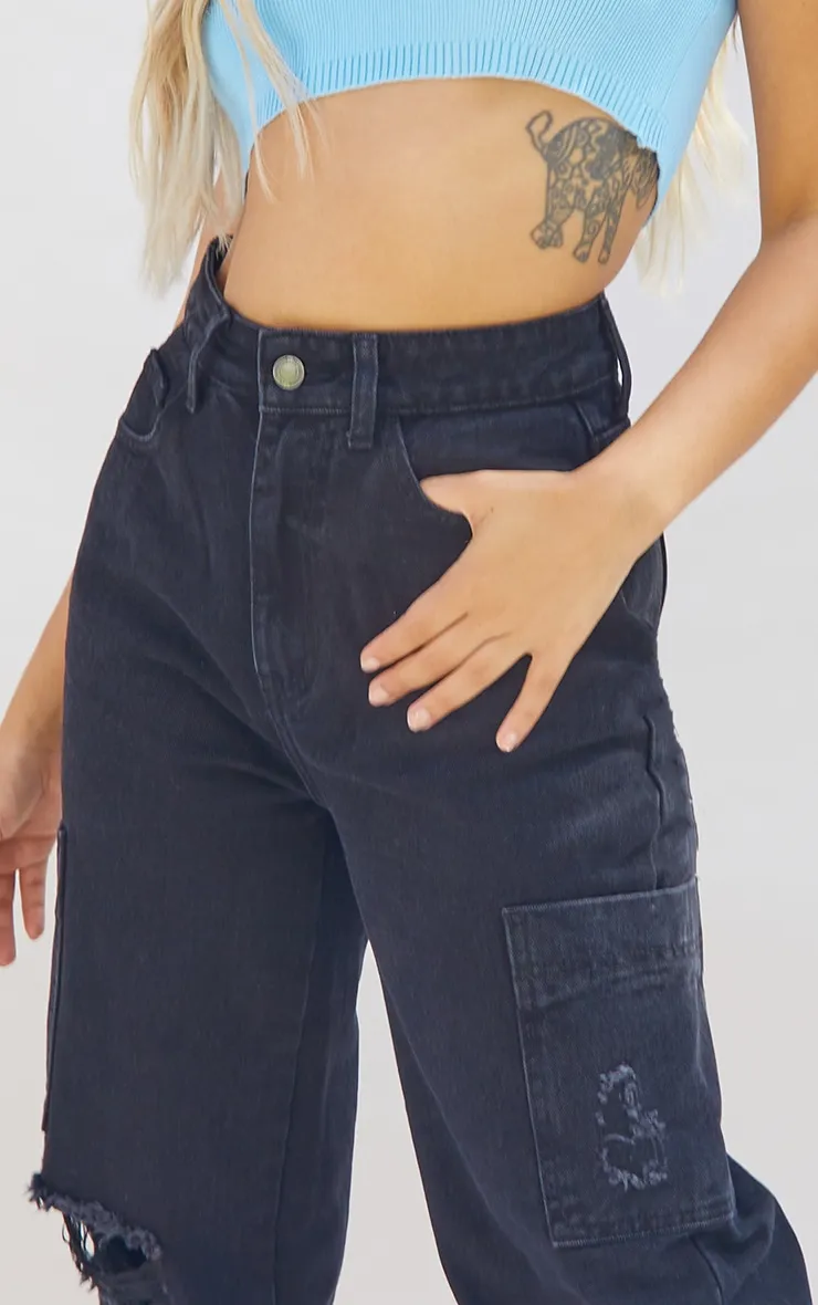 Petite Washed Black Wide Leg Ripped Cargo Jeans sold by Pretty Little Thing product image thumbnail 4