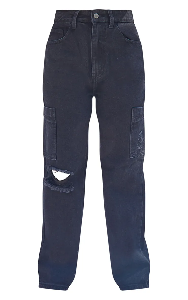 Petite Washed Black Wide Leg Ripped Cargo Jeans sold by Pretty Little Thing product image thumbnail 5
