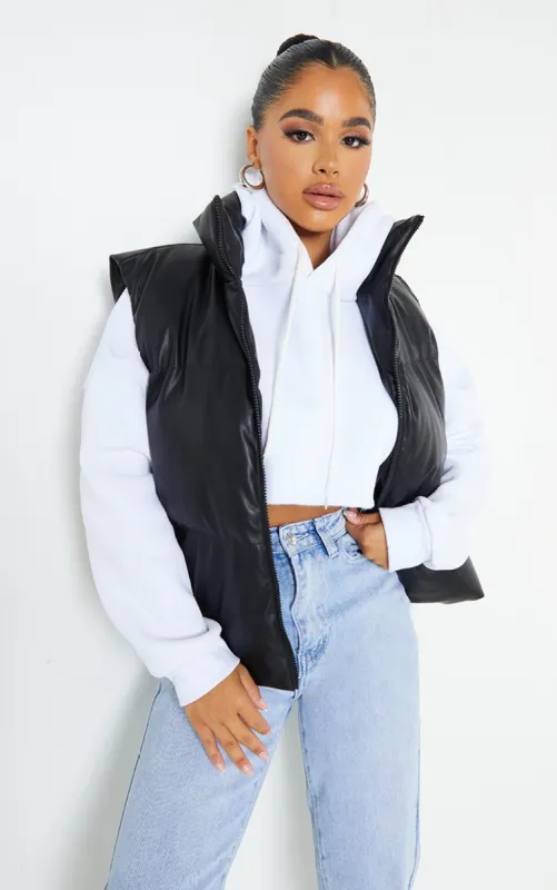 Petite Black Faux Leather Puffer Gilet sold by Pretty Little Thing