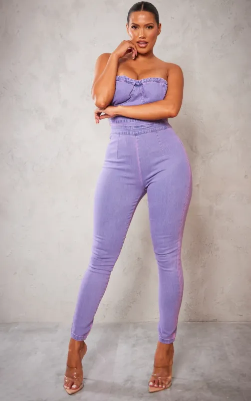 Shape Purple Acid Wash Cup Detail Tie Back Denim Jumpsuit made by Pretty Little Thing