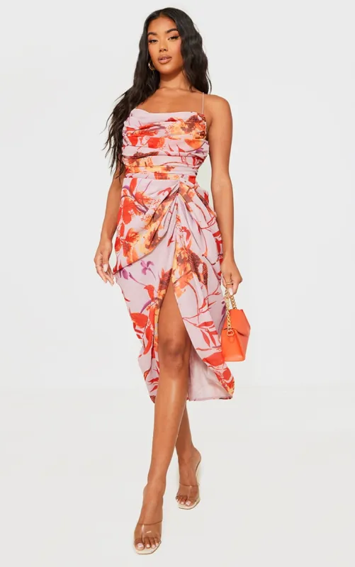 Pink Oriental Floral Print Chiffon Ruched Drape Midi Dress sold by Pretty Little Thing