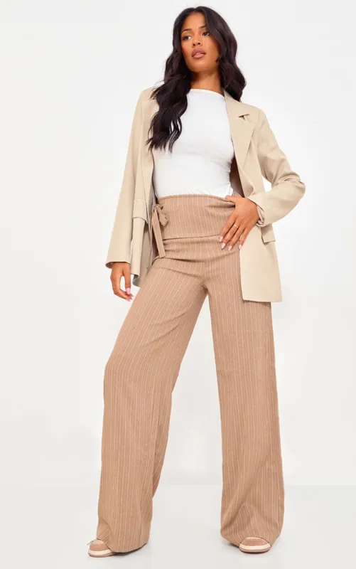 Tall Light Brown Pinstripe Tie Side Tailored Wide Leg Trousers made by Pretty Little Thing