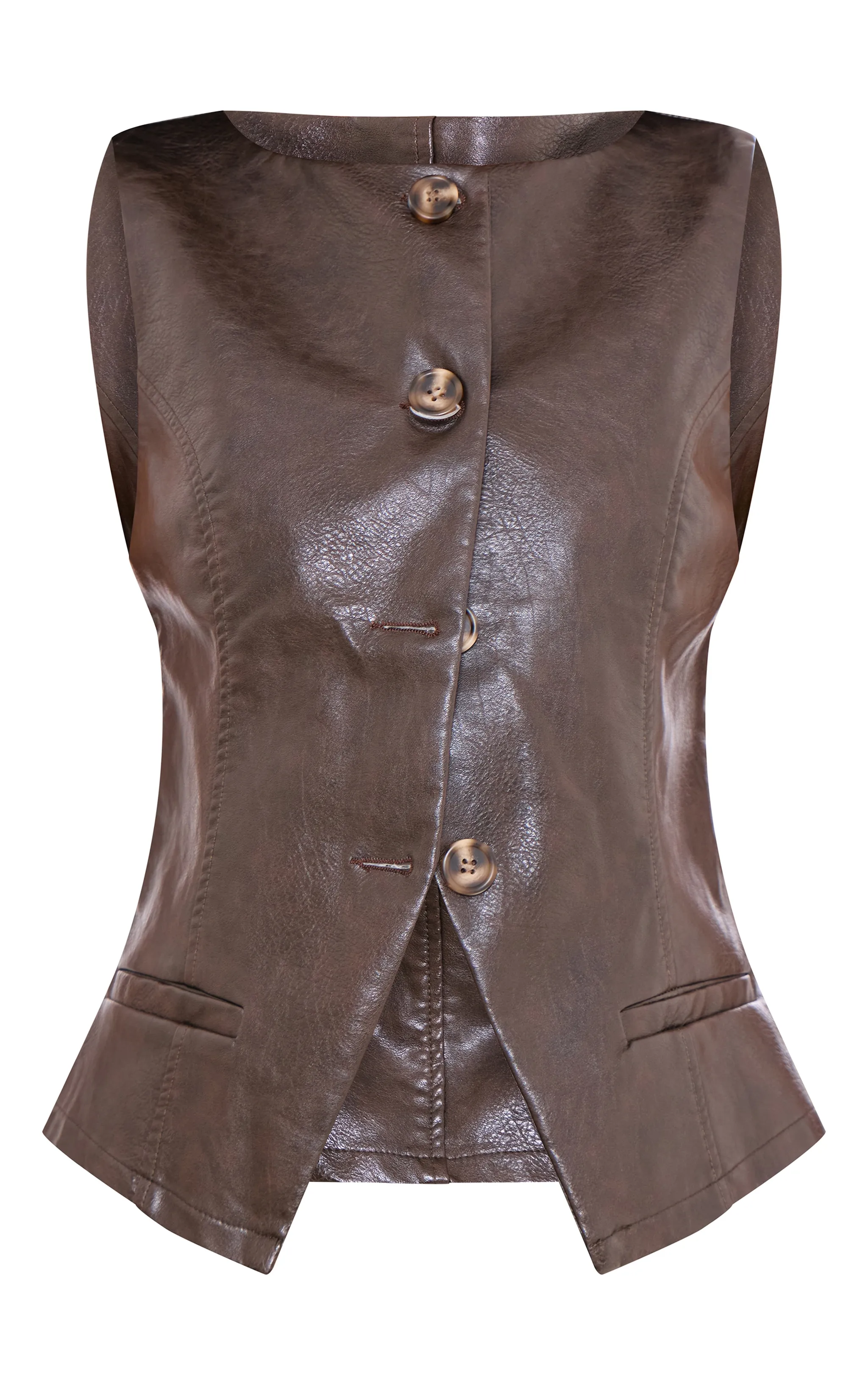 Brown Faux Leather Boat Neck Waistcoat sold by Pretty Little Thing product image thumbnail 5