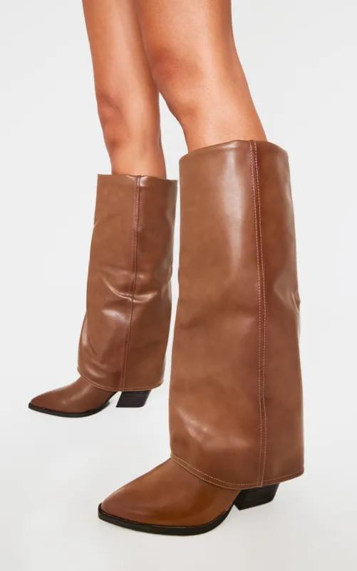 Tan PU Point Toe Knee High Fold Over Mid Heeled Boots sold by Pretty Little Thing