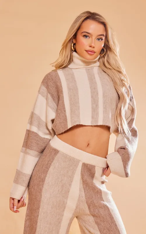 Oatmeal Stripe Colour Block Knit Roll Neck Jumper sold by Pretty Little Thing