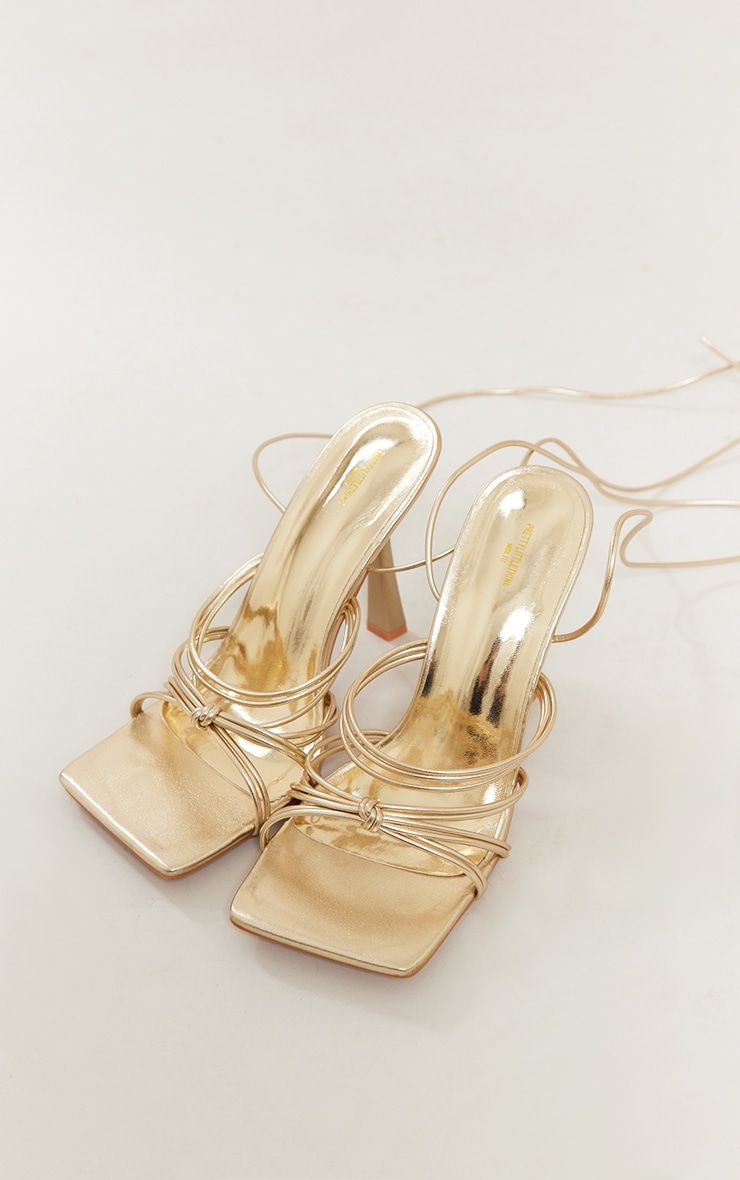 Gold Metallic Wide Fit Strappy Knot Detail Square Lace Up High Heeled Sandals sold by Pretty Little Thing product image thumbnail 3